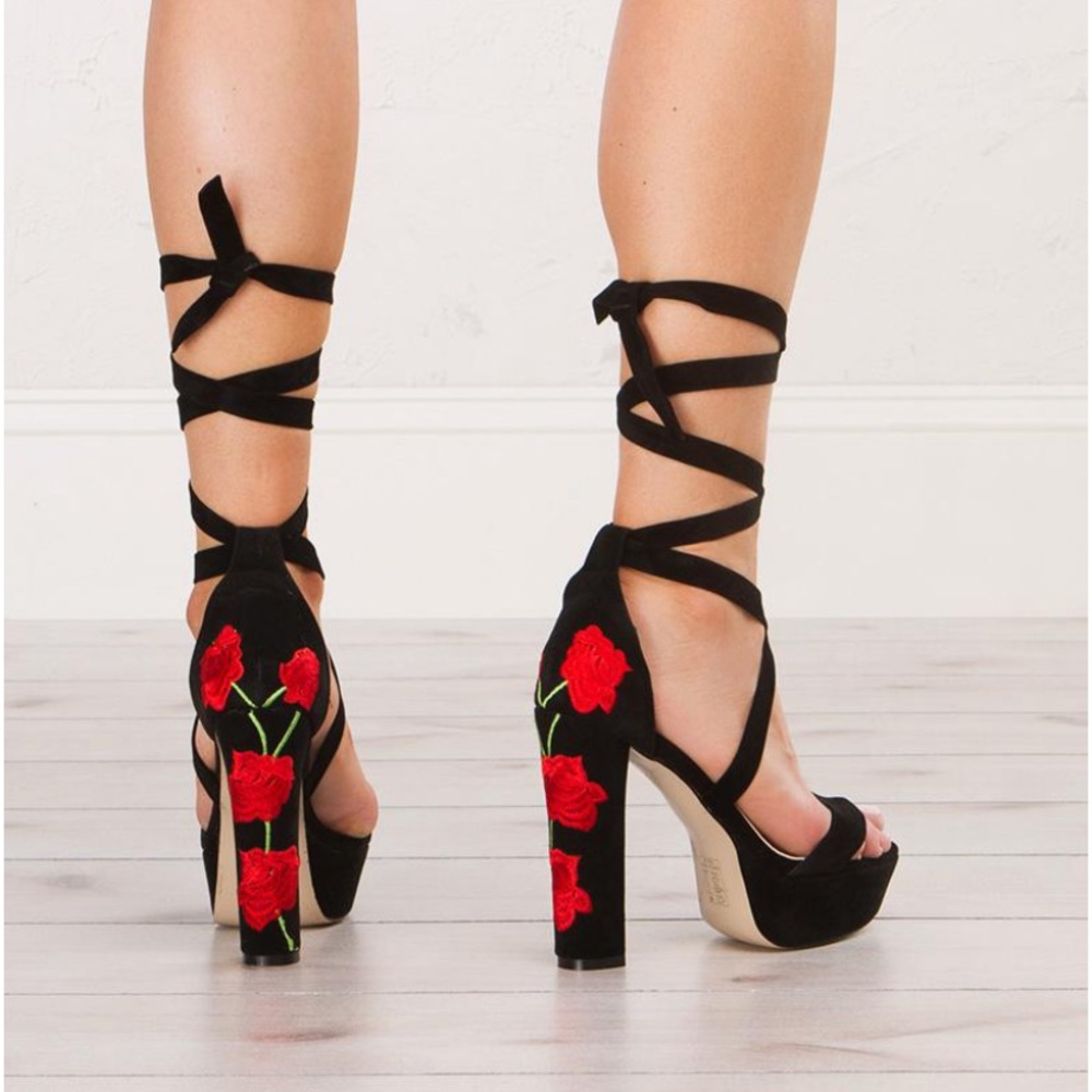 Anita black embroidered red rose heels